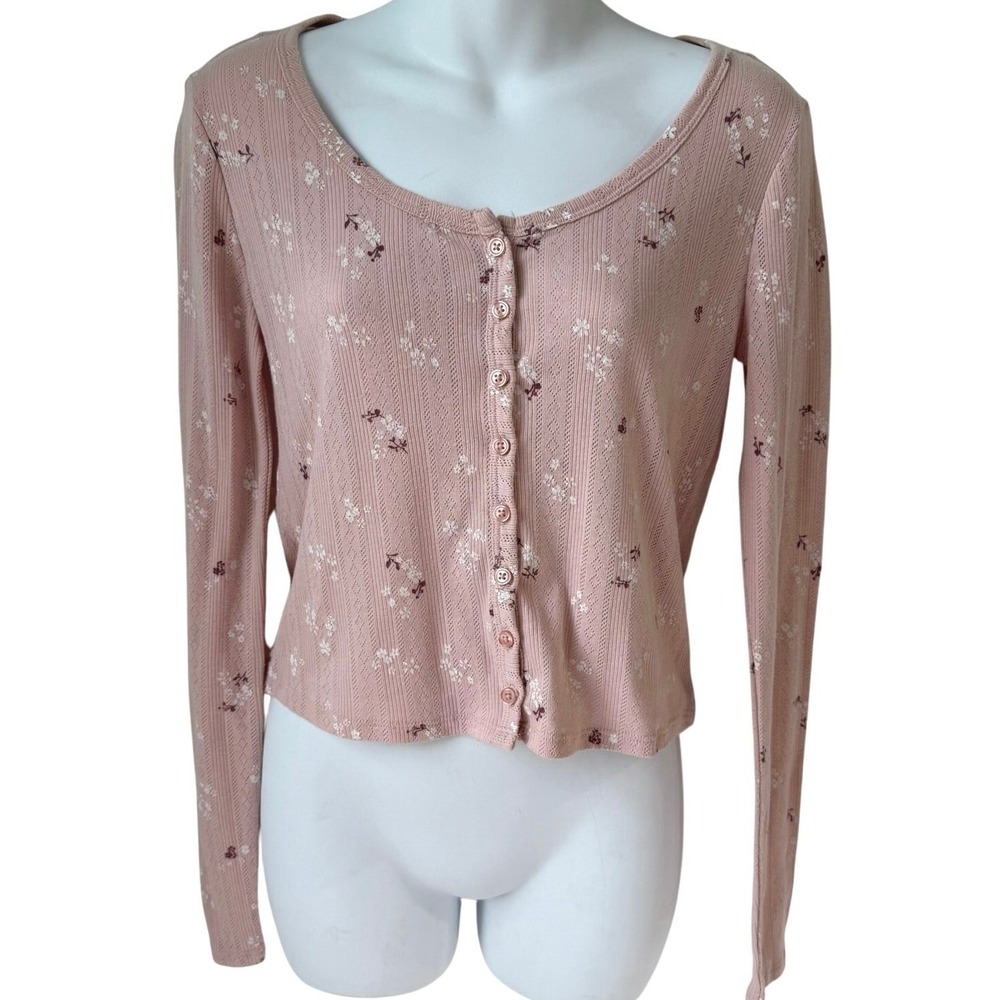 Womens Floral Y2K Cardigan Top Sz Med Pink Button Front Cropped - Picture 13 of 14